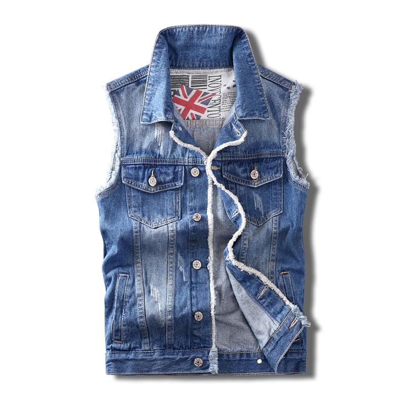 

Men British Patch Design Hip Hop Denim Vest Homme Colete Masculino Korean Style Fashion Men Vest Blue Slim Sleeveless Jacket