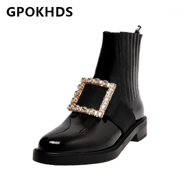 

GPOKHDS 2021 women Ankle boots Patent Leather Winter short plush Round Toe Crystal Med heels female Riding boots size 421, Color as photo