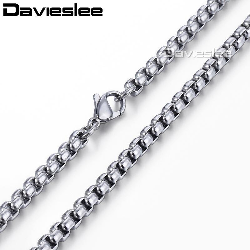 

Davieslee Mens Necklace Chain Round Box Link Silver Color Stainless Steel Chains Necklaces for Men Jewelry 3 4mm LKNM144