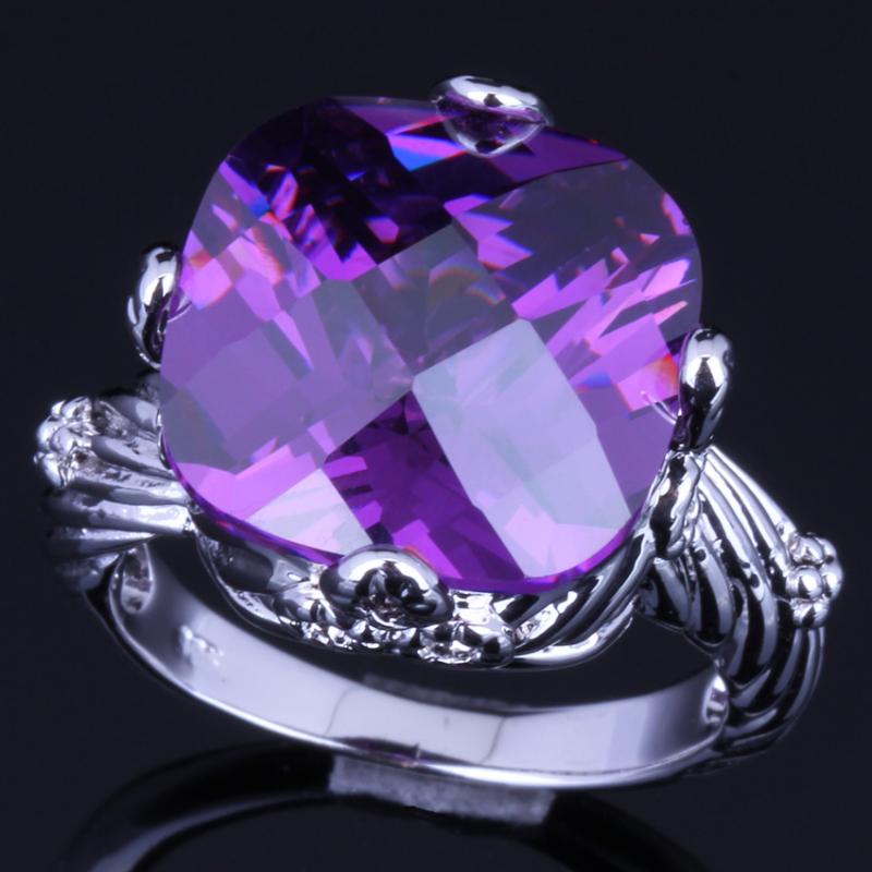 

Exclusive Big Square Purple Cubic Zirconia Silver Plated Ring V0151