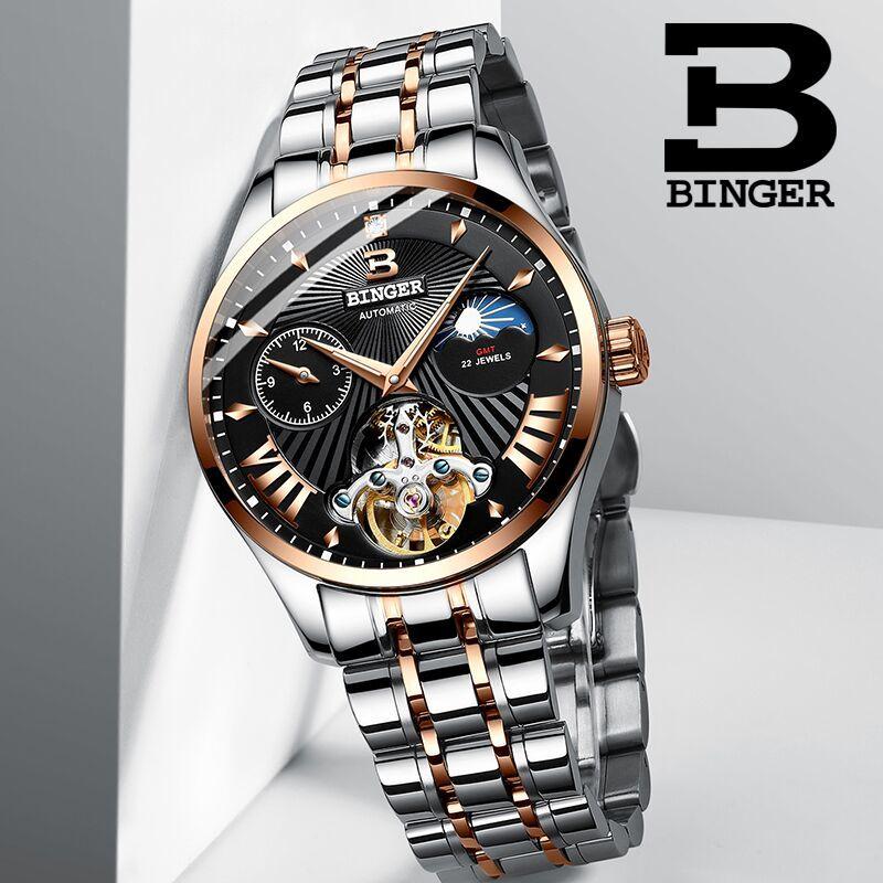 

Wristwatches Switzerland Watch Men Binger Automatic Mechanical Watches Sapphire GMT Wrist Waterproof B-1186-14, Item 3