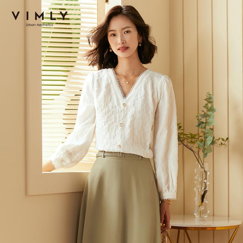 

Vimly Women' Blouse Fashion V Neck Solid Buttons Puff Sleeve Autumn Clothes Office Lady Pullovers Female Chiffon Shirts F2168, White
