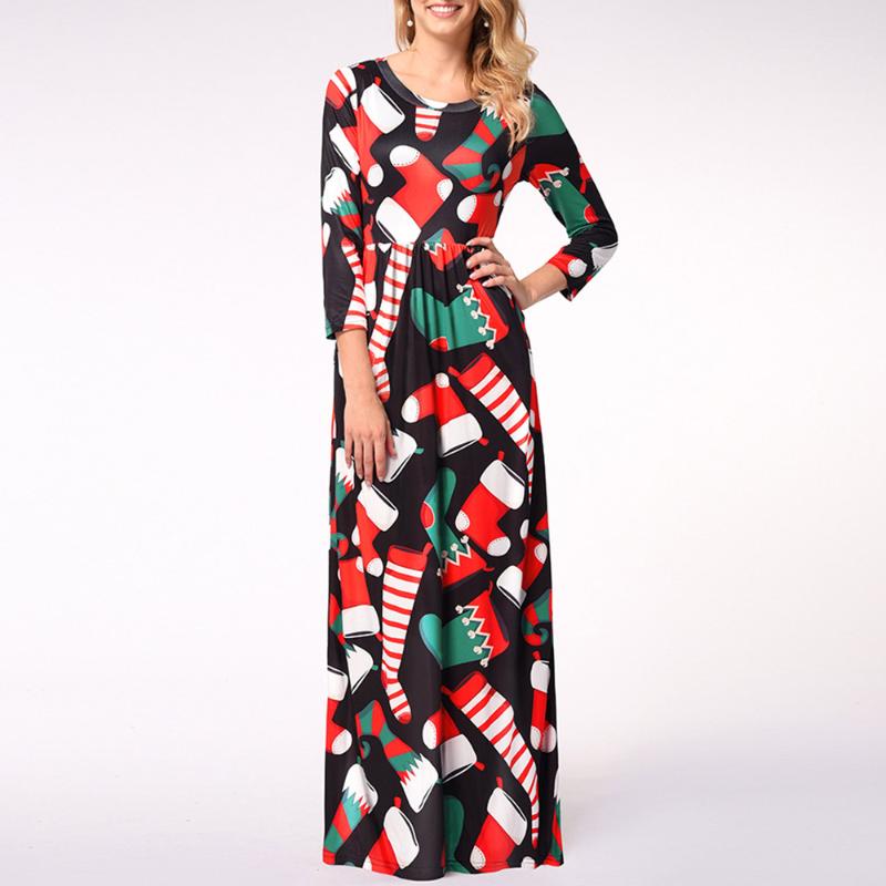 

Christmas 2020 Dress Women Cartoons Printed Long Sleeve Slim Cute Sweet Dresses Female Long Dress For Party Woman Fashion New, Black
