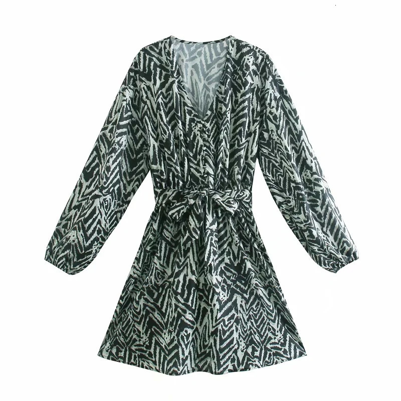 

New Fashion Belt Green Print Mini Women Spring 2021 Button Puff Long Sleeve Dress Female Chic Casual Dresses Qw2n