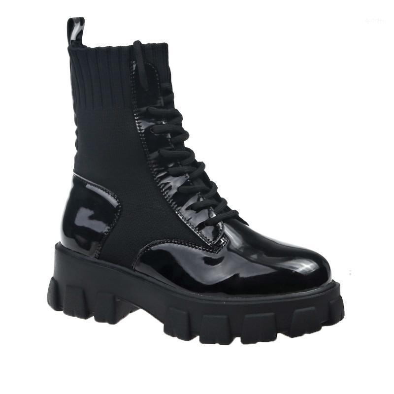 

Boots Fashion Women Sock Patent Leather Black Booties Shoes Platform Flat Motorcycle Knitting Boots Women1, Patent black