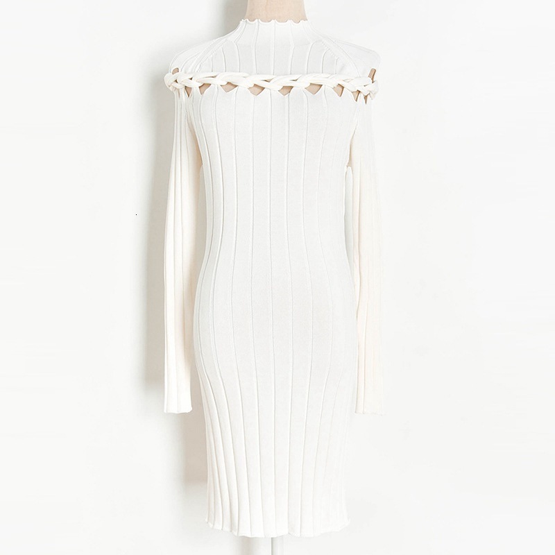 

New 2021 Chic Mesh Mid-dress Long Thin Hollow Women Party Solid Black Neck Basic Girl Design Dress 2j50, White