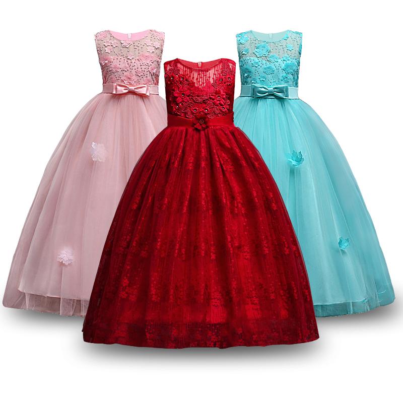 

Teens Girls Party Dress 2020 Elegant Girl Princess Costume Sleeveless applique Girl Dresses birthday Lace Tulle Long dress 4-14y, White