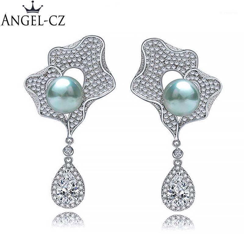 

ANGELCZ High Quality Black Pearl Jewelry With Bling Tear Drop Cubic Zircon Crystal Long Bridal Dangling Earrings For Women AE0661