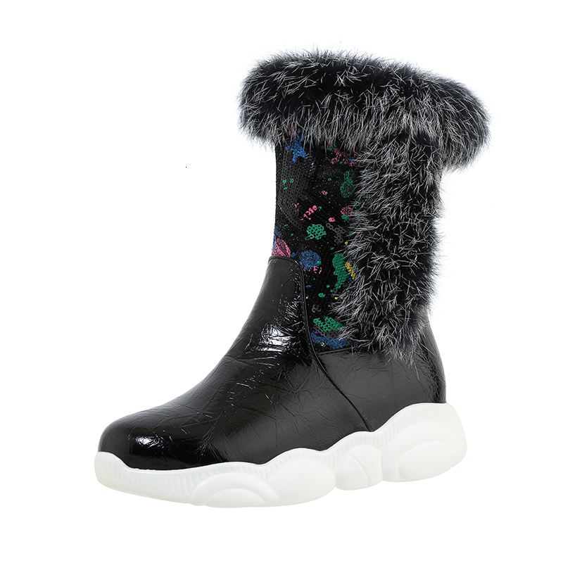 

2021 New Snow Winter Warm Plus Plush Band Round Toe Thick Bottom Pu Leather Bling Mid Calf Boots Size35-43 B3qp, Silver