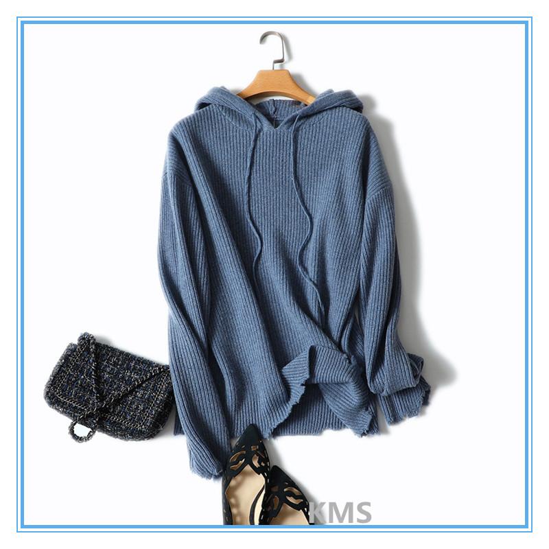 

KMS Autumn and Winter Hooded Cashmere Sweater Cashmere Sweater Knit Hooded Loose Thick Coat for Women, Blue