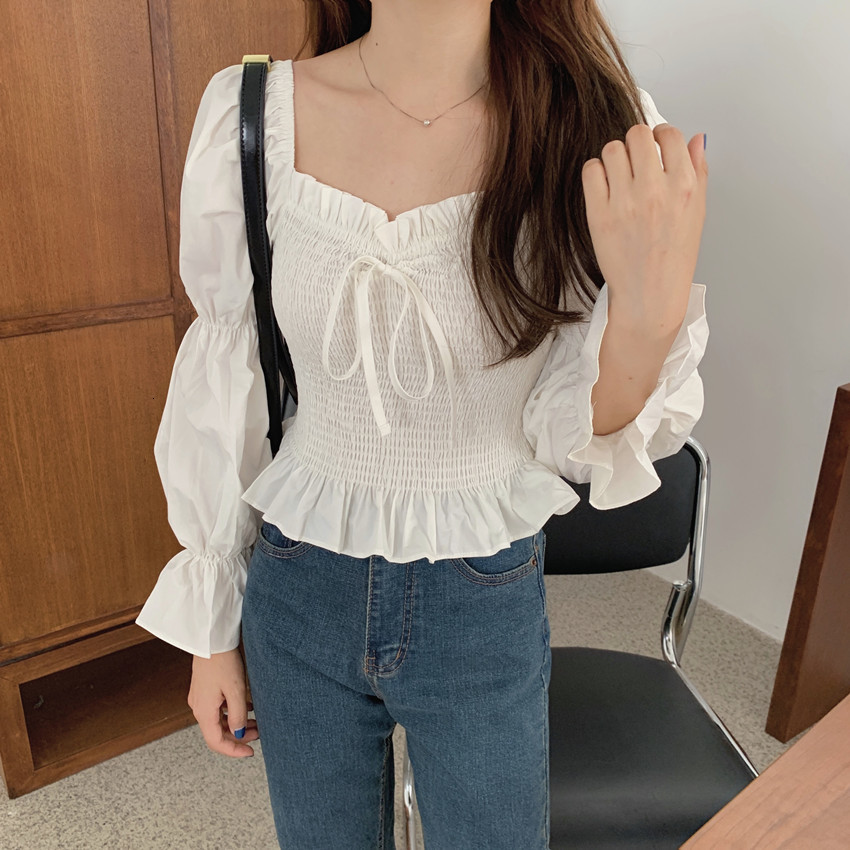 

2021 New Women's Thin-fitting Plaid Shirts Square-necked Lace Up Plied Puff Sleeves Ruffled Short-fall Shirt 2AOZ, White