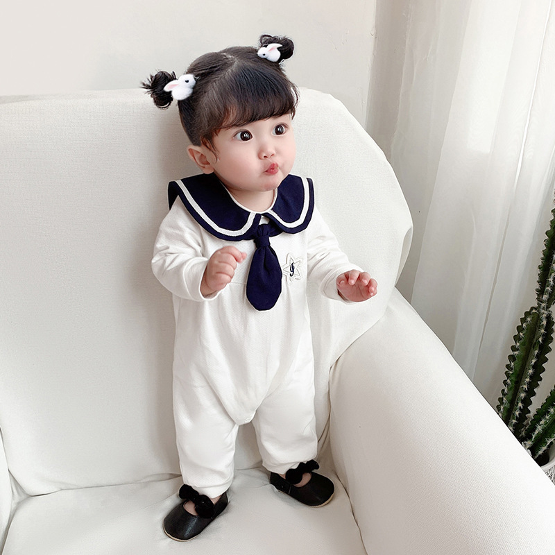 

2021 New Newborn Baby Girls Rompers Preppy Style Long Sleeve Cotton Romper Jumpsuit Playsuit Outfits Kids Clothes 0-2y W5yo, White