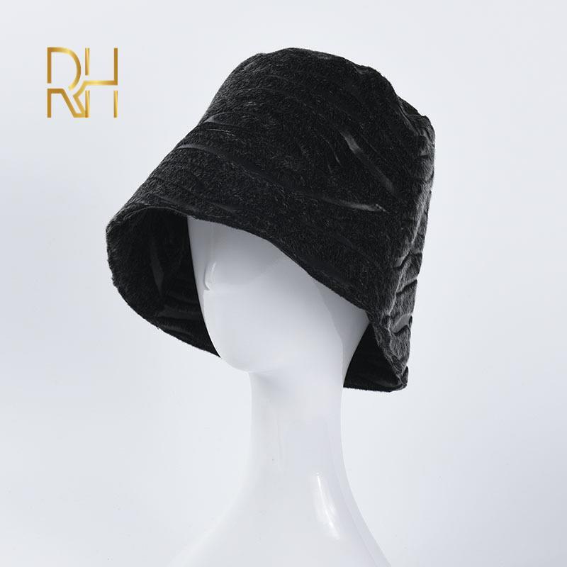 

Ladies Winter Bucket Hat Patchwork PU Warm Caps Faux Fur Winter Bucket Hat For Women Hunting Fishing czapka zimowa RH, Black