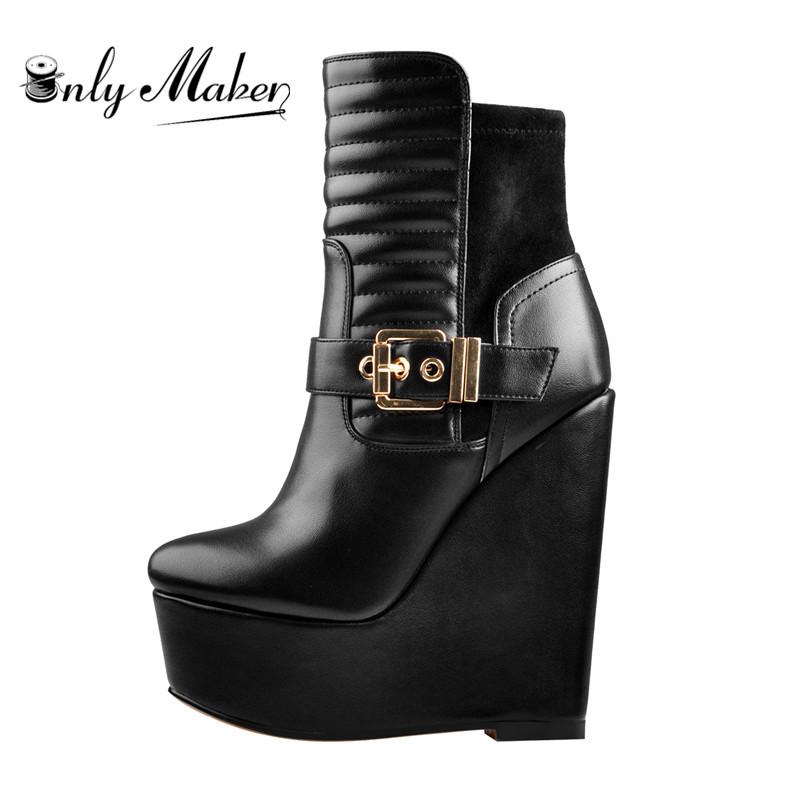 

Onlymaker Women's Wedge 16CM High Heels Ankel Boots Soft Leather For Party Dress Lady Zipper boots Plus size For Winter, S190887a