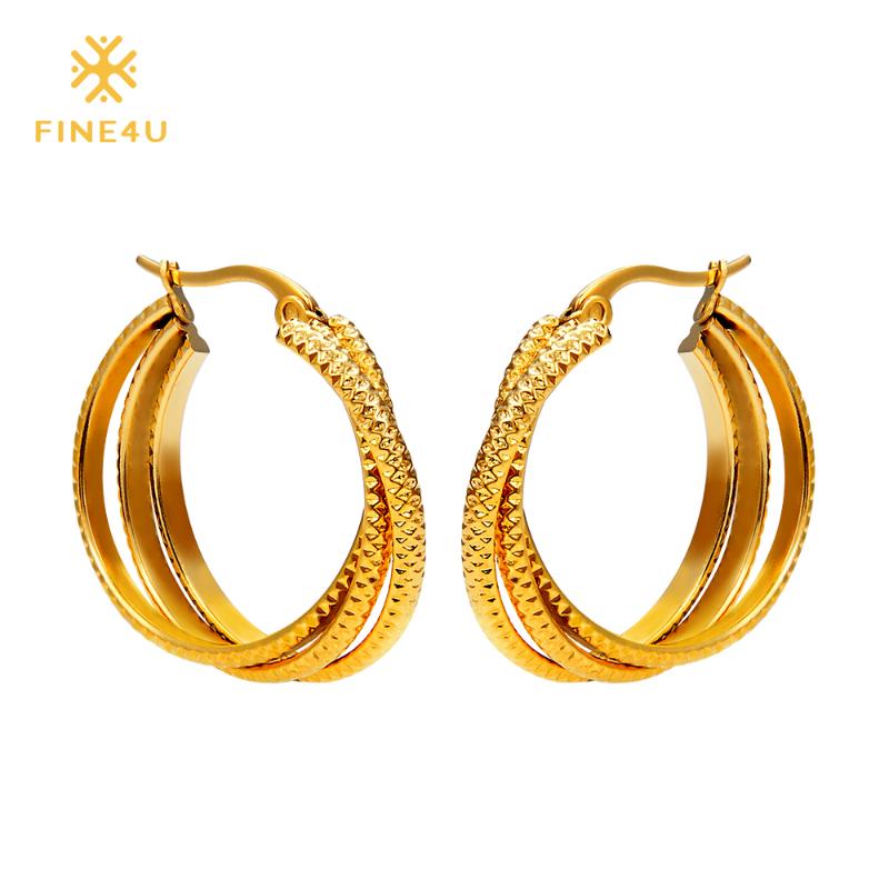 

2020 New FINE4U E018 316L Stainless Steel Hoop Earrings Three Circles Twisted Earrings For Women Wedding Jewelry