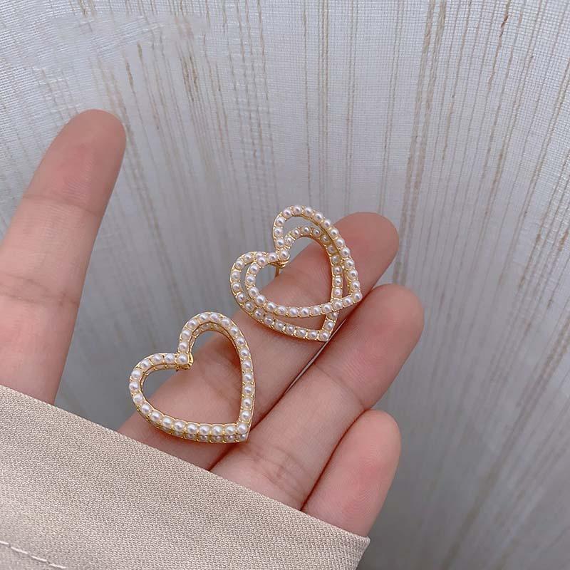 

Origin Summer Delicate Double Layer Love Heart Pearl Earrings for Women Japanese Hollow Out Earrings Party Gifts Jewellery