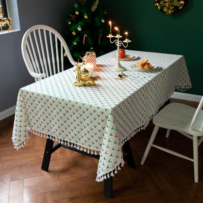 

Christmas Decoration Table Cover Tablecloth Elk Green Table Cloth Home Decoration Tassel Edge Dining Cover, No.1