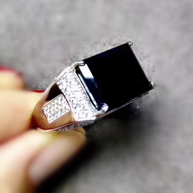 

Cluster Rings Per Jewelry Men Ring Natural Black Sapphire Rectangle 10*14mm 9.5ct Big Gemstone 925 Sterling Silver Q20589, Golden;silver