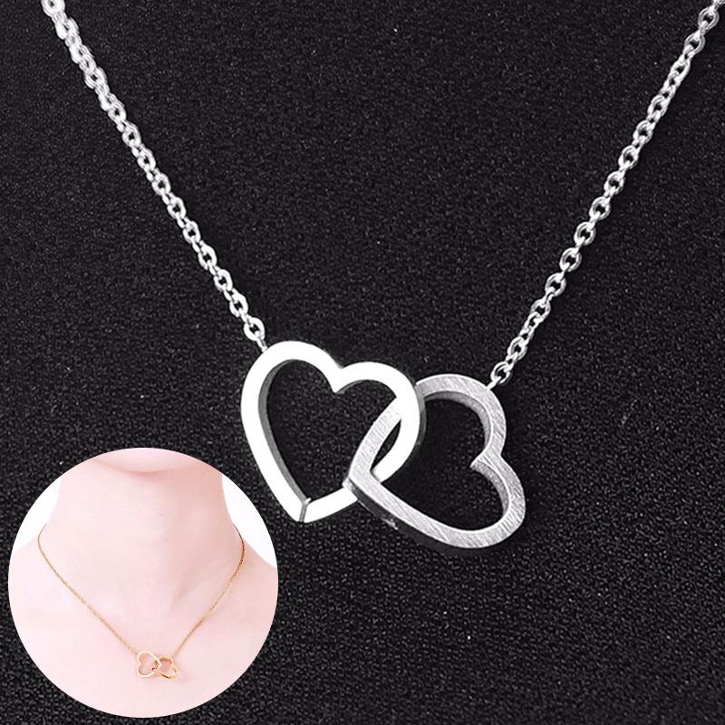 

Double Heart Necklaces Pendants For Women Love Wedding Jewelry Bridesmaid Gifts Stainless Steel Link Chain Bijoux Femme Choker