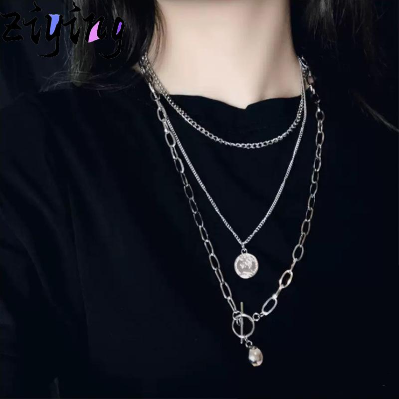 

European Metal Hip-hop Bungee Net Red Wind Portrait Ot Buckle Pendant Clavicle Chain Multilayer Chain Necklace For Men And Women