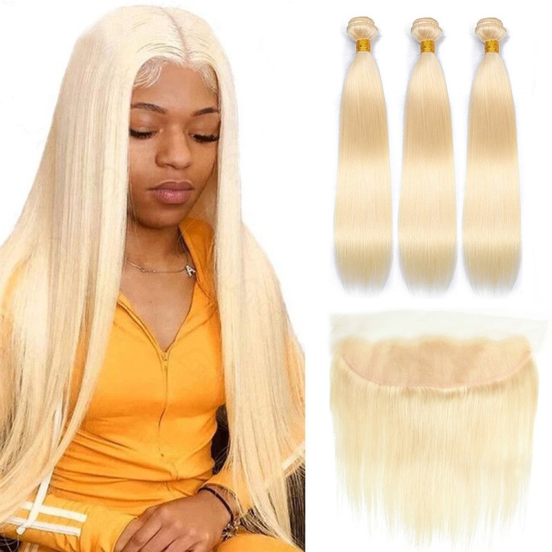 

Blonde Bundles with Frontal Straight Hair 613 Bundles with Frontal Closure Brazilian Hair Weave Bundles 13x4 HD Lace Frontal, Natural black