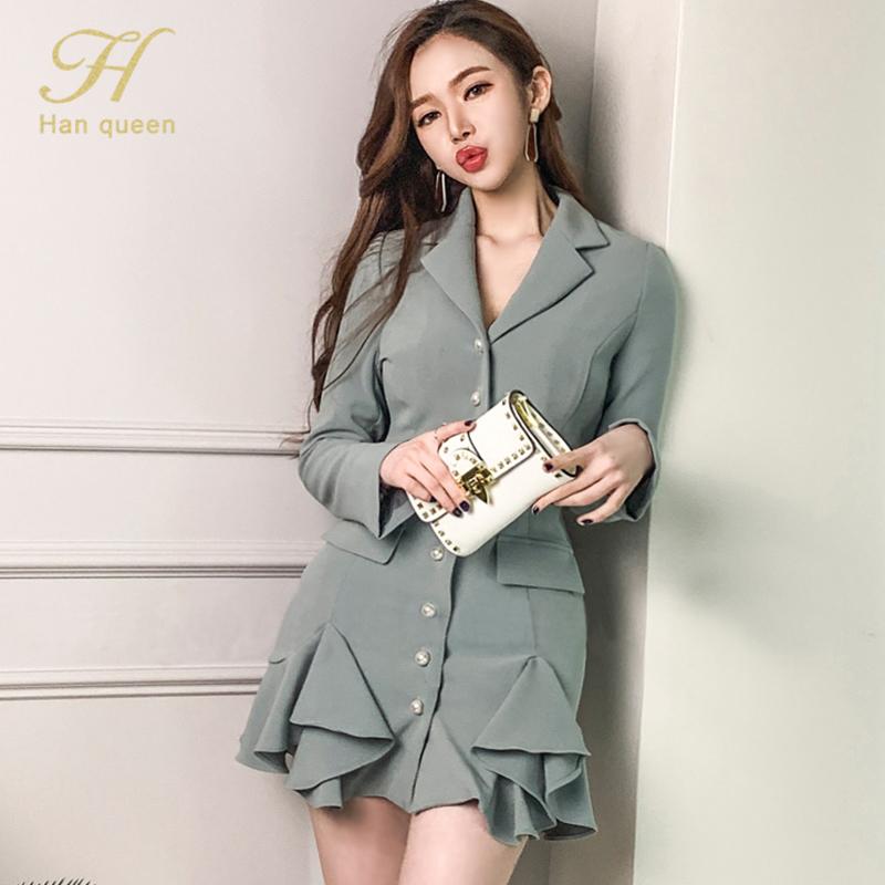 

H Han Queen Women Autumn New Korean Ruffle Single-breasted Pearl Business Office Evening Party Bodycon Pencil Sheath Dress, Black