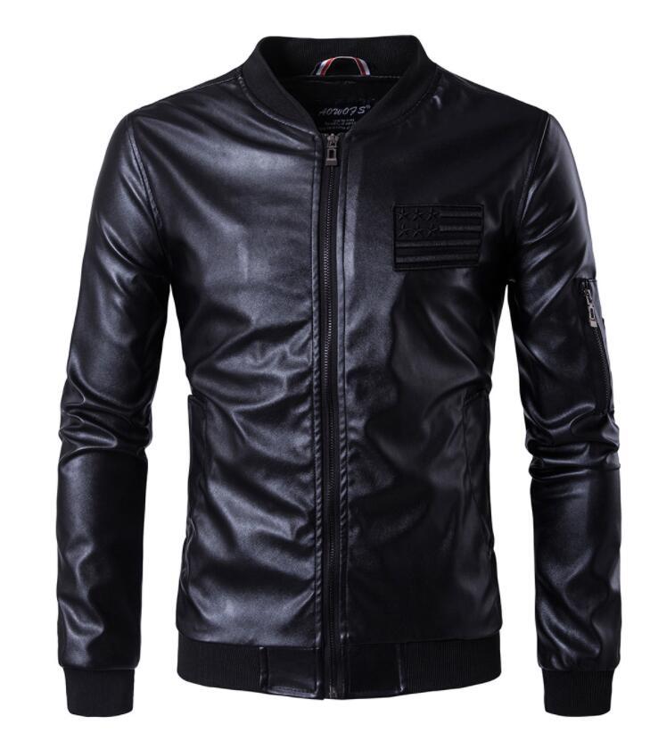 

Black motorcycle leather jacket men National flag embroidery Flower star Flag Loose Large size mens leather jackets pu coats