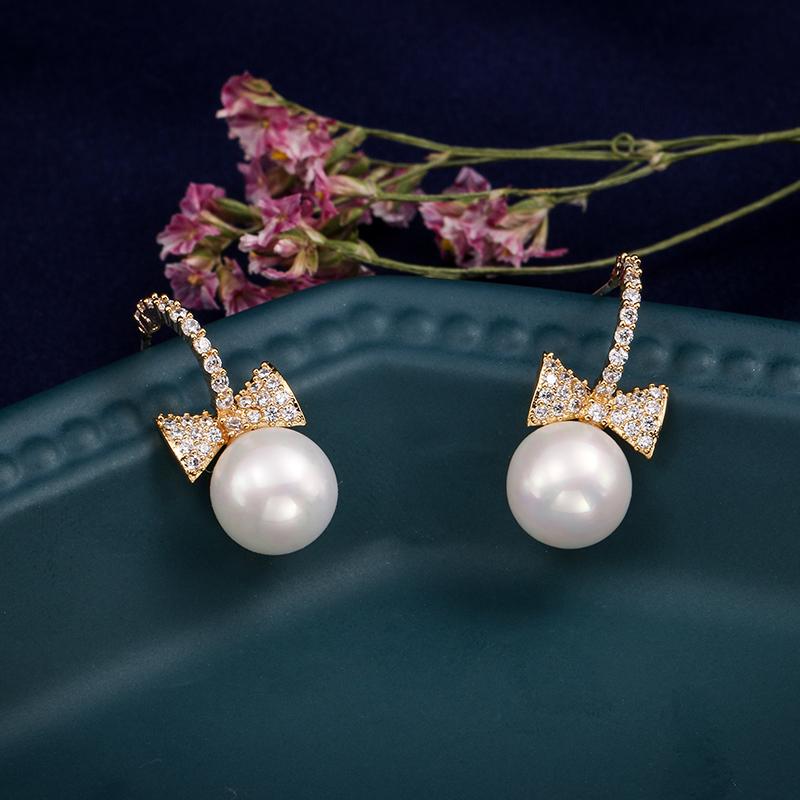 

WEIMANJINGDIAN Cubic Zirconia CZ Bow and Shell Pearl Drop Earrings for Women