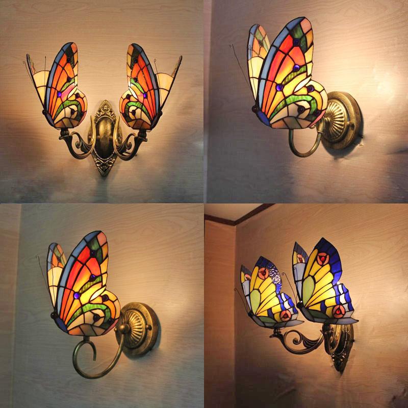 

European pastoral coloured butterfly wall lamp living room corridor bedside lamp Mediterranean coloured glass wall