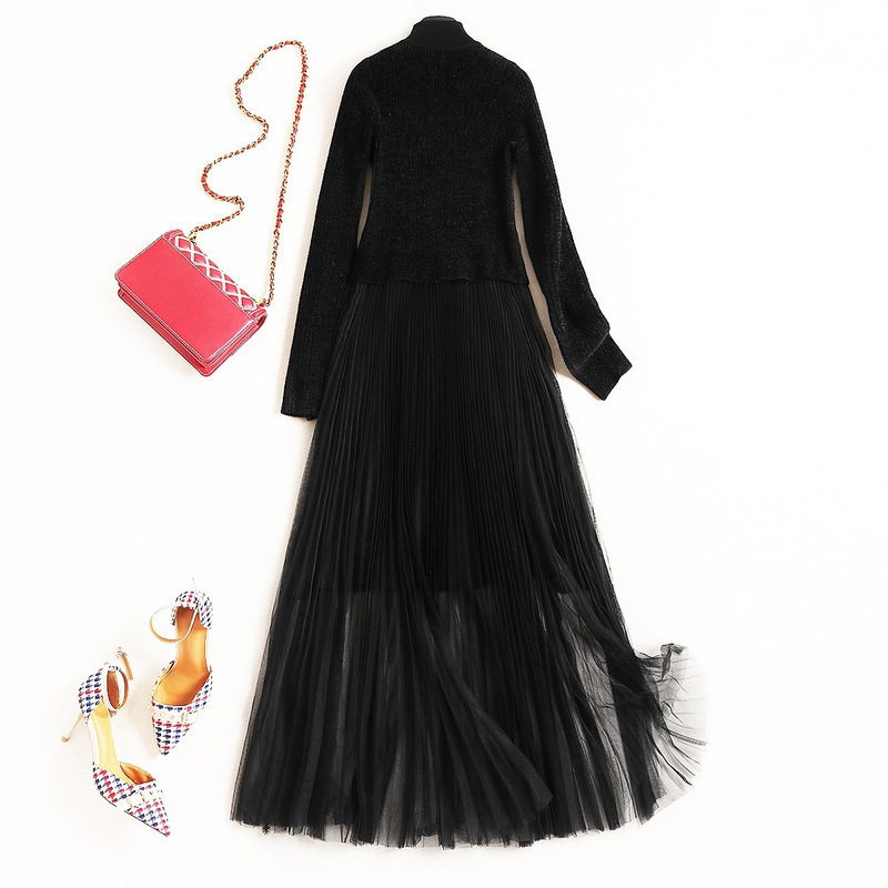 

2021 Female Midi Dress Long Neck Mesh Crochet Trimmings Vintage Dapper Lady Dressed in Retro Basic Winter Rbf5, Black