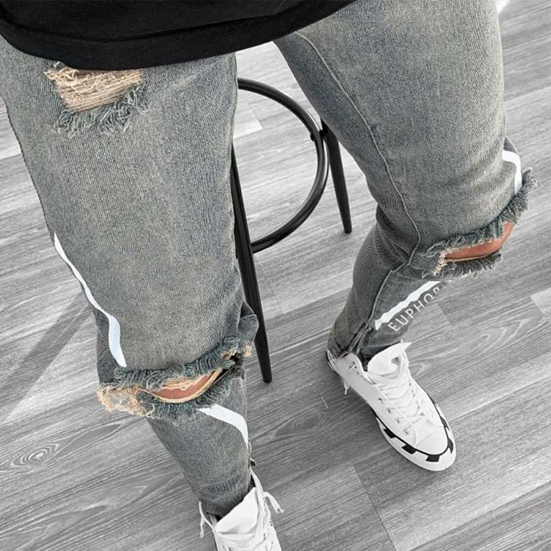 

Skinny Jeans Men Striped Letter Printed Hole Denim Pants Button Male Pockets Joggers Trousers Ripped Hole Men Fashion, Gray