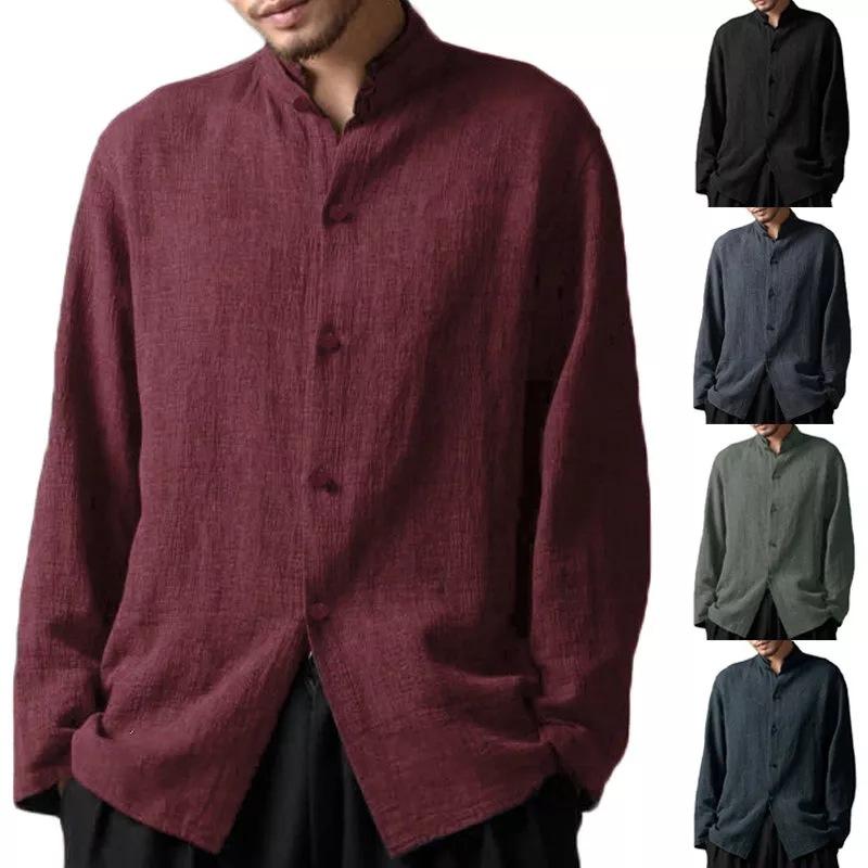 

2021 Casual Men Shirt New Chi Linen Chinese Style Traditional Top Vintage Plus Size Coat Stand Collar, Black