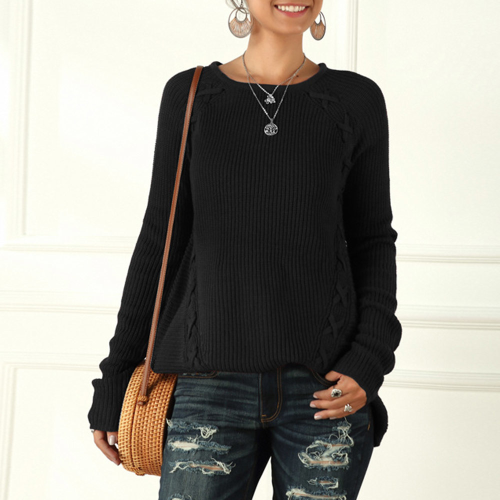 

2021 Europe America Nightgown Casual Winter Irregular Rope Around Neck Long Sleeve Knitting Sweater Wool 1x1h, Blue