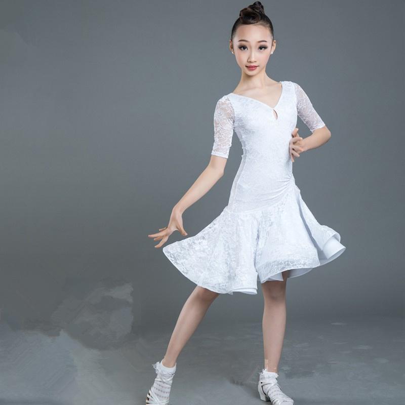 

2021 New Girls Lace Ballroom And Latin Dance Dresses For Sale Cha Cha Rumba Samba Jive Long Sleeves Children Teen Latino Dress, White