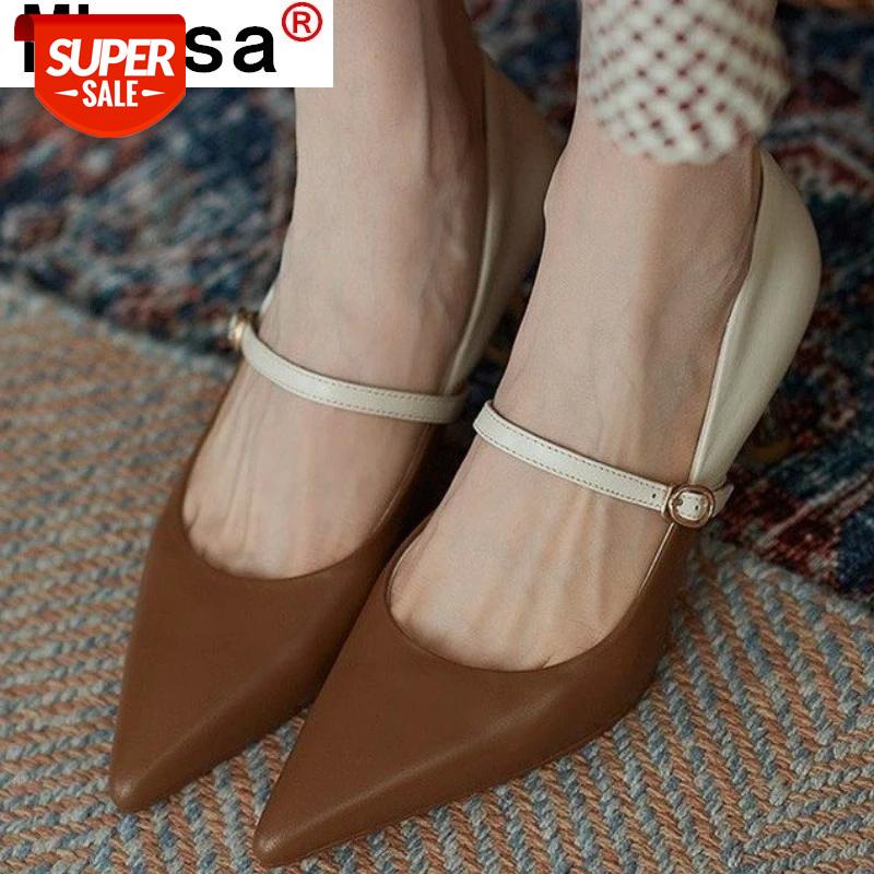 

2021 Spring New Pointed High Heels Fashion Retro Buckle Comfortable Women Heels Shoes Party Dress High Shoes for Woman #2S3S, Brown