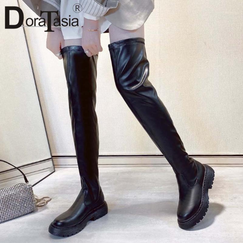 

DORATASIA New Female Slim Trendy Over The Knee Boots Fashion Platform Thigh High Boots Women 2020 Chunky Heels Shoes Woman1, Black pu