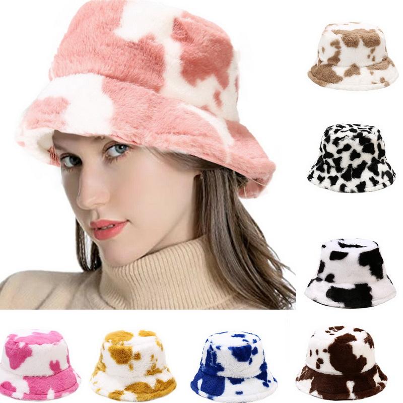 

Faux Fur Winter Hats For Women Black White Cow Print Bucket Hat Men Panama Fisherman Caps Gorras