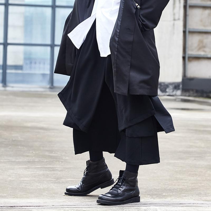 

Men's nine split pants Spring and autumn style dark Yamamoto style wide leg pants men's culottes loose false two, Black