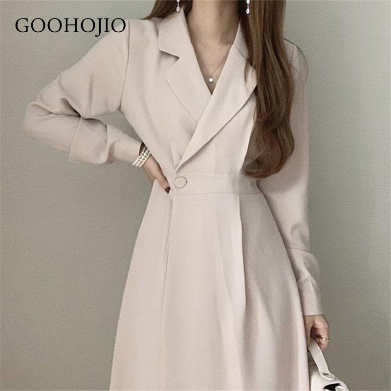 

GOOHOJIO 2020 New Autumn Winter Dress Women High Waist Thin Chic Dress for Ladies Temperament Solid Color V-neck Women, Black