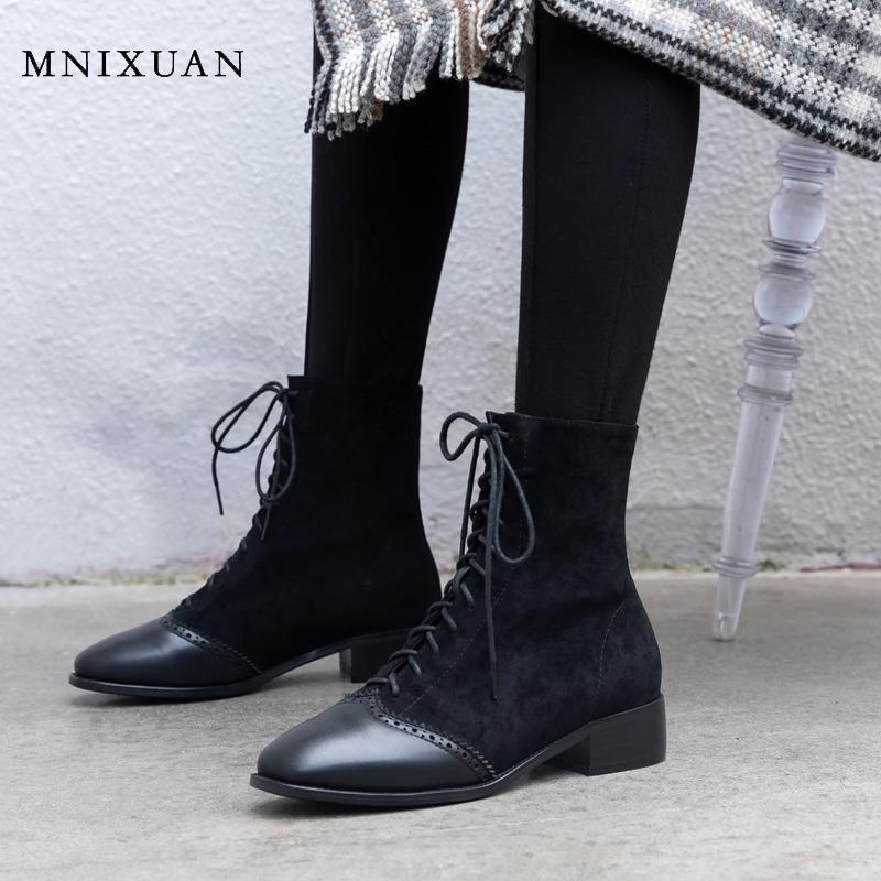 

MNIXUAN Handmade spring autumn ankle boots for women 2020 new square toe lace up block heels short Bullock Boots size 421, Black