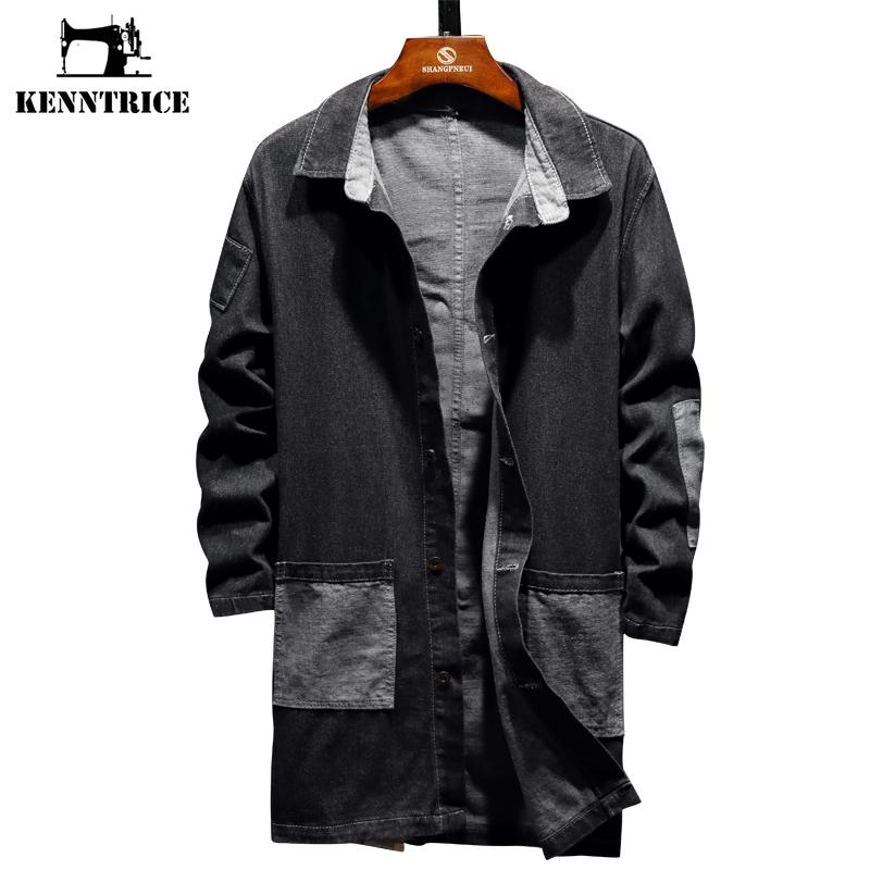 

KENNTRICE Medium Long Men Windbreaker Denim Jacket Hip Hop Black Coat Cowboy Jacket Male