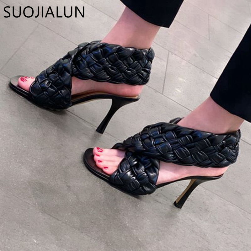 

SUOJIALUN Summer Brand Design Weave Sexy Thin High Heel Dress Slip On Peep Toe Pump Outdoor Sandal Shoes Q1217, Black