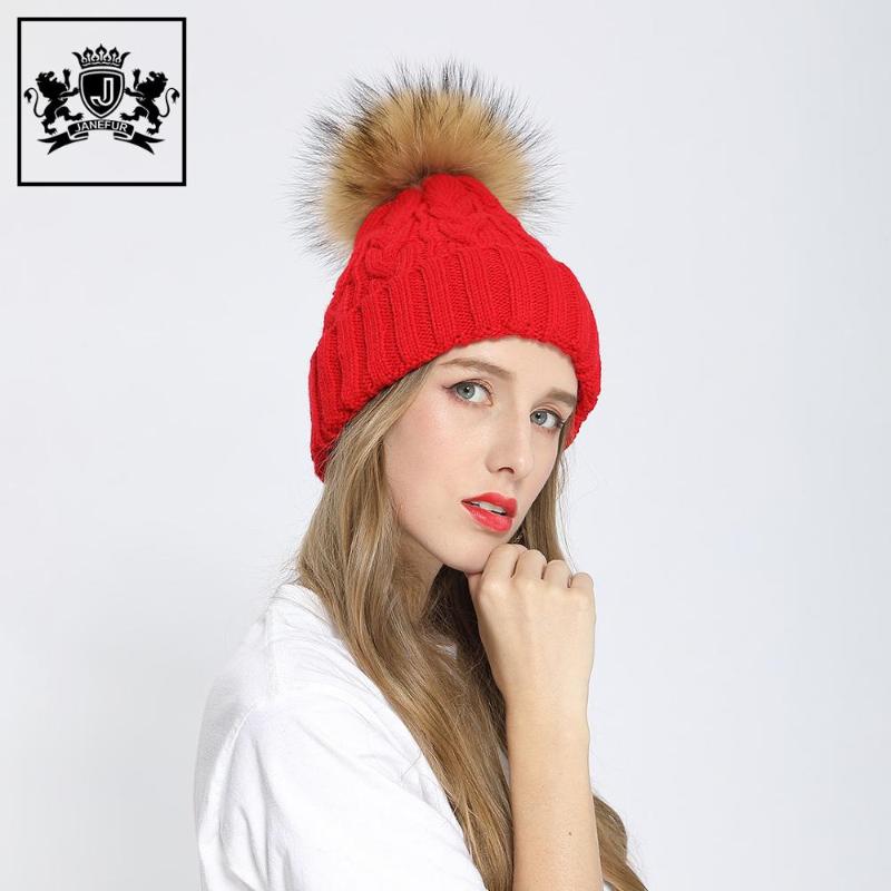 

Acrylic Girls Knitted Warm Hats Winter Soft Strenchy Colorful Natural Raccoon Fur Pompom Adult Beanie, 11