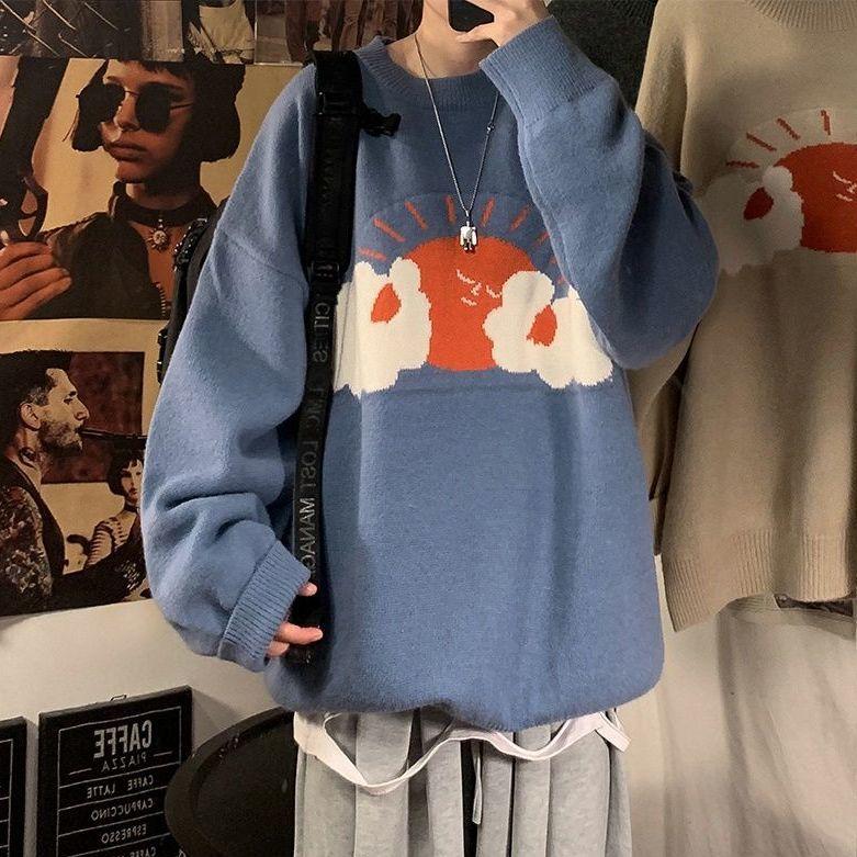 

Ins autumn winter sweater men's loose casual Crewneck sweater Korean fashion student handsome versatile knitwear, Khaki