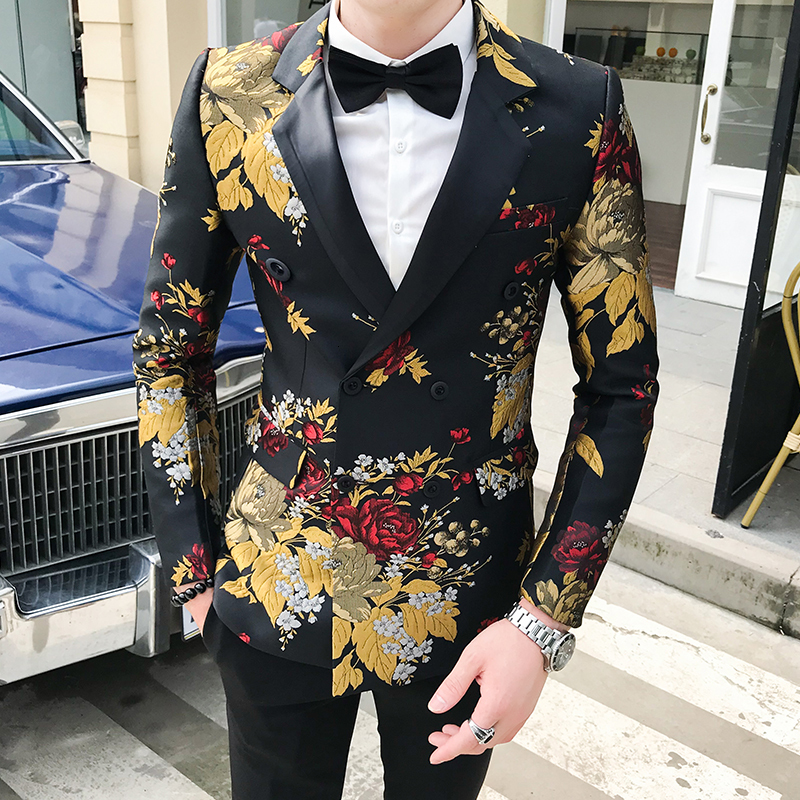 

2021 New Floral Men's Black Gold Print Slim Fashion Designer Double Breasted Gentleman Wedding Club Casual Blazer Ee65