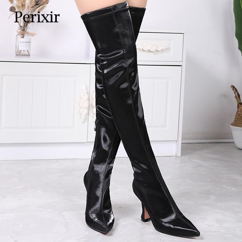 

Perixir Women Over The Knee Sock Boots 2021 Satin Sequined Cloth High Heel Long boots Winter Keep Warm Elegant Pull On Lady Shoe, Black