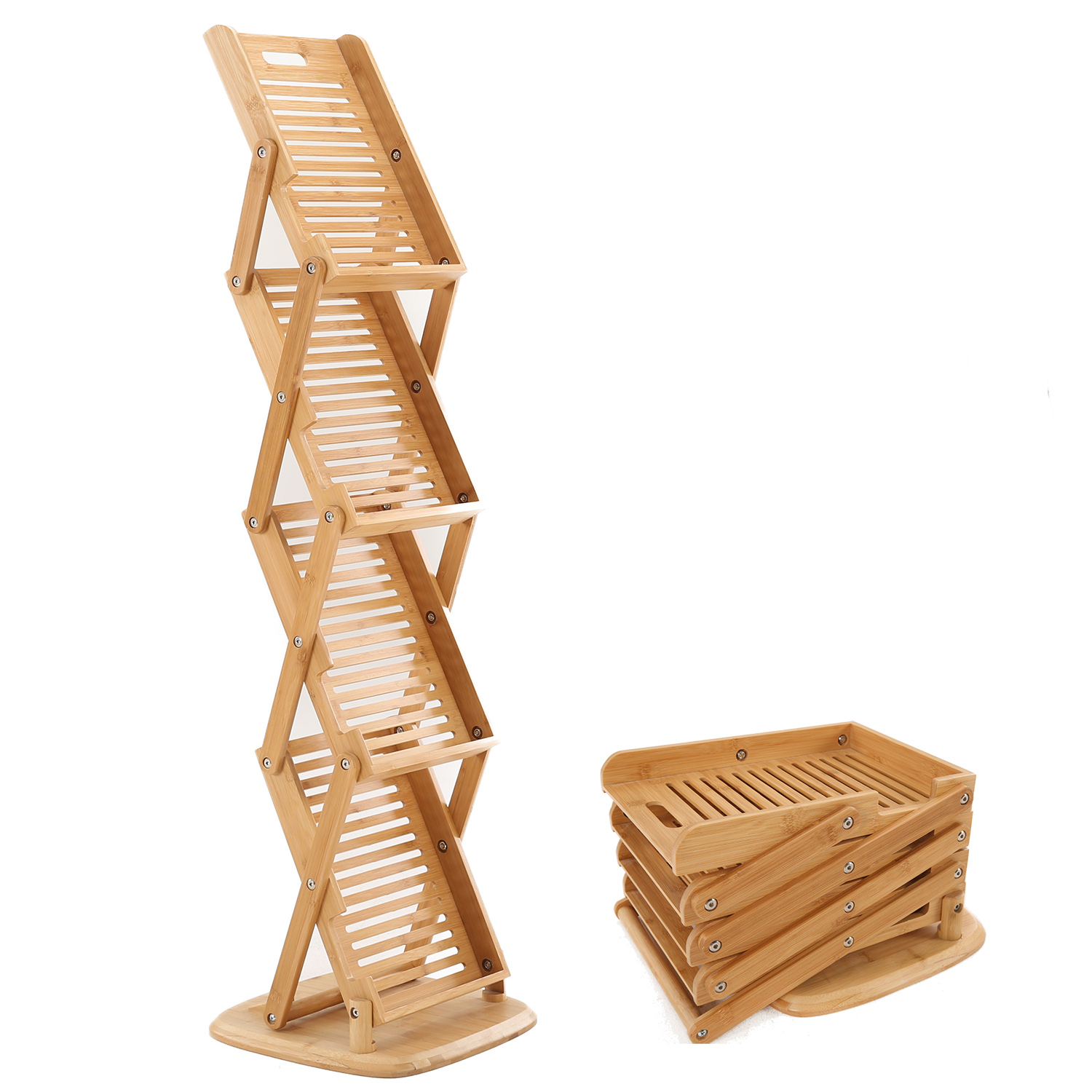 

Bamboo Foldable Floor Magazine Brochure Rack,Wooden Pot up 4 Pockets Catalog Literature Stand Holder Racks for Livingroom Hotel Office Shop