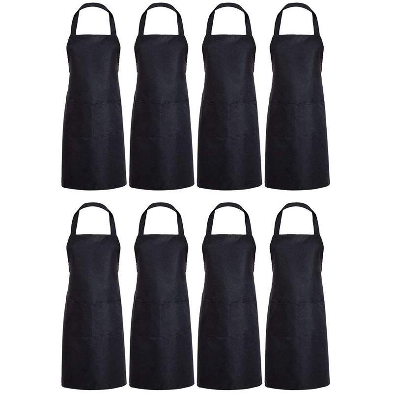 

8 Pack Bib Aprons Bulk - Unisex Black Commercial Apron with 2 Pockets for Kitchen Crafting BBQ Drawing Cooking