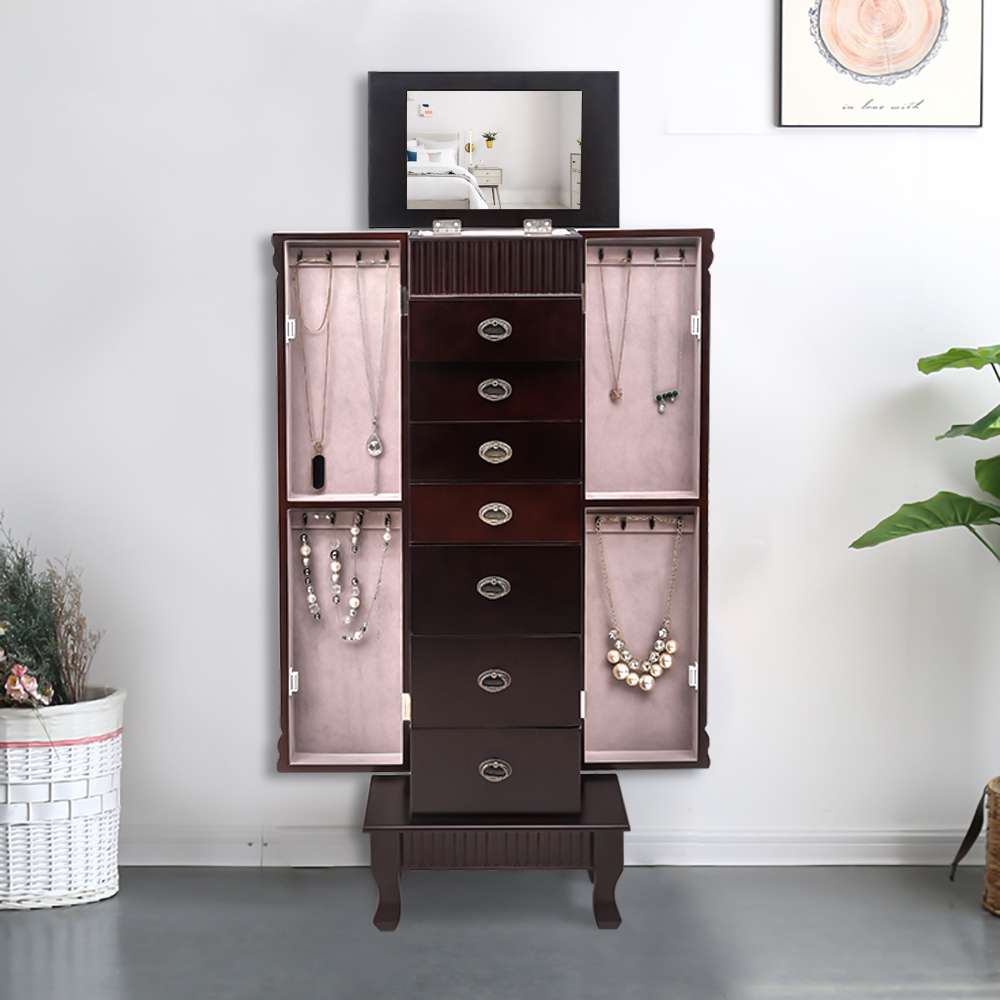 

Jewelry Armoire Cabinet Storage Chest Stand Organizer Mirror Top with 7 Drawers Wooden Jewelry Mirror Cabinet US Stock, Brown