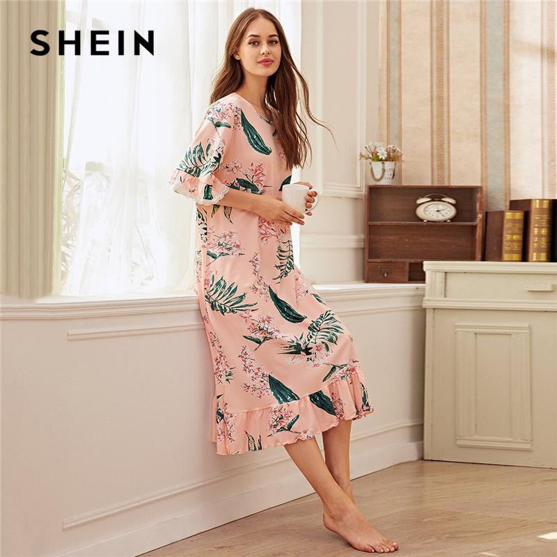 

SHEIN Pink Floral Print Ruffle Hem Night Dress Women Cute Nightwear Summer Autumn Lace Trim Sleeve Floral Sleepwear Nightdress